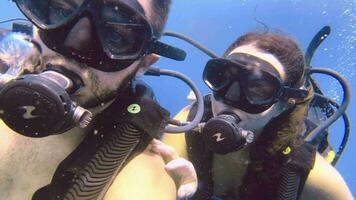 hermosa joven Pareja buceo submarino en koh tao Tailandia cerca arriba video