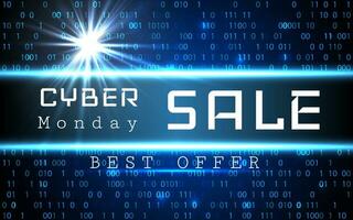 Cyber Monday Sale vector banner template. Blue shining binary code background with arrows and sample text