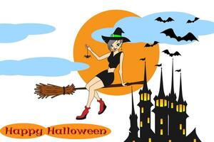 Vector Illustration of a Halloween Witch on a Broomstick