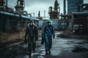 ai generado trabajo en equipo grupo de industrial trabajadores en un refinería - petróleo Procesando equipo y maquinaria. neural red ai generado foto