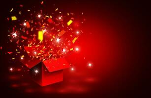 Open red Gift Box and Confetti. Vector Illustration