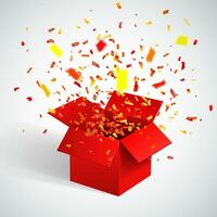 Open Red Gift Box and Confetti. Christmas Background. Vector Illustration