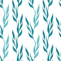 Vector pattern with blue blades of grass, spring grasses, twigs with leaves in hand-drawn style on a white background. Botanical illustration for fabrics, gift wrapping, clothing