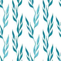 Vector pattern with blue blades of grass, spring grasses, twigs with leaves in hand-drawn style on a white background. Botanical illustration for fabrics, gift wrapping, clothing