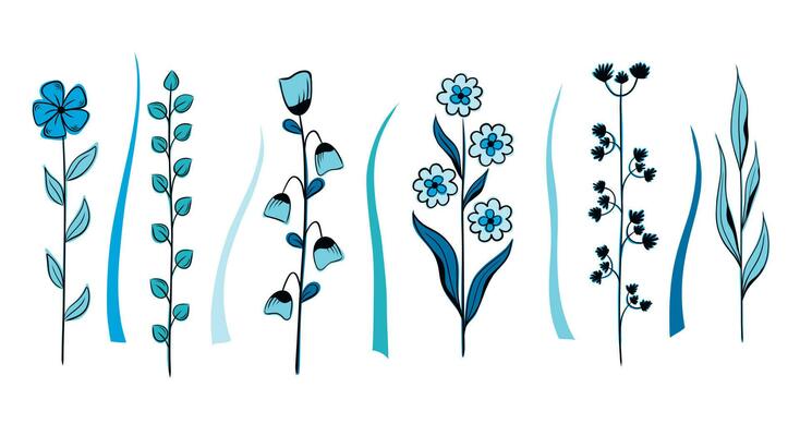 Vector set of long flowers, blue flowers and twigs with leaves, blades of grass, herbs. Botanical illustration with hand-drawn style.