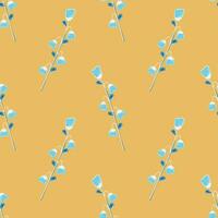 Vector pattern with blue blades of grass and flowers, spring grasses, twigs with leaves in hand-drawn style on a beige background. Botanical illustration for fabrics, gift wrapping, clothing