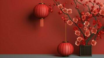 Chinese new year background with traditional lanterns, sakura flowers and copy space. Lunar new year concept by AI Generated photo