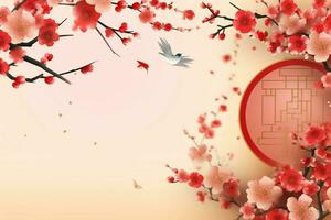 Chinese new year background with traditional lanterns, sakura flowers and copy space. Lunar new year concept by AI Generated photo