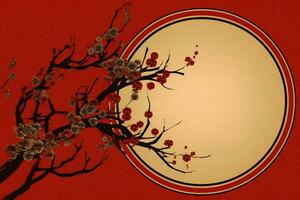 Chinese new year background with traditional lanterns, sakura flowers and copy space. Lunar new year concept by AI Generated photo