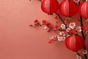 Chinese new year background with traditional lanterns, sakura flowers and copy space. Lunar new year concept by AI Generated photo