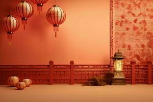 Chinese new year background with traditional lanterns, sakura flowers and copy space. Lunar new year concept by AI Generated photo