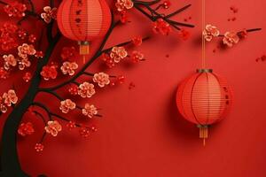 Chinese new year background with traditional lanterns, sakura flowers and copy space. Lunar new year concept by AI Generated photo