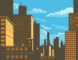 Chicago City Skyline with Skyscrapers Along the Chicago River Illinois WPA Poster Art vector