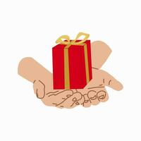 Giving a gift. Hand with Gift box Design for banner, web. Gift on the palms of your hands. Vector illustration...