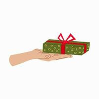 Giving a gift. Hand with Gift box Design for banner, web. Green gift box on hand. Vector illustration...