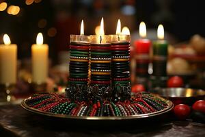 ai generado kwanzaa celebracion, enfoque en africano personas iluminado vela brillante con cultural significado foto