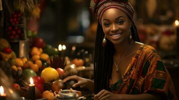 AI generated Kwanzaa Celebration, A girl immersed in the nightlife and festive atmosphere photo