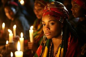 AI generated Kwanzaa Celebration, focusing on African people illuminated candle glowing with cultural significance photo