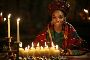 AI generated Kwanzaa Celebration, focusing on African people illuminated candle glowing with cultural significance photo