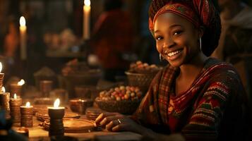 ai generado kwanzaa celebracion, un niña inmerso en el la vida nocturna y festivo atmósfera foto