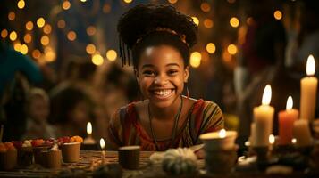 ai generado kwanzaa celebracion, un niña inmerso en el la vida nocturna y festivo atmósfera foto