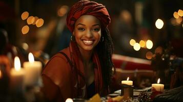 AI generated Kwanzaa Celebration, A girl immersed in the nightlife and festive atmosphere photo