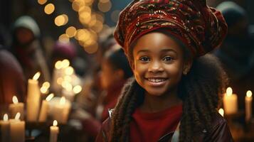 ai generado kwanzaa celebracion, un niña inmerso en el la vida nocturna y festivo atmósfera foto