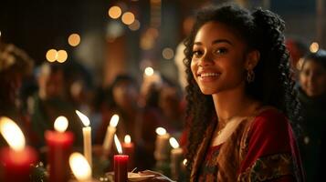 ai generado kwanzaa celebracion, un niña inmerso en el la vida nocturna y festivo atmósfera foto