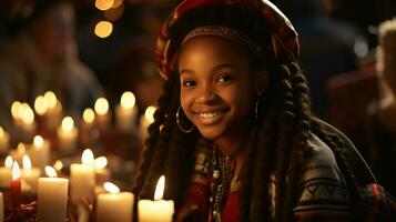 ai generado kwanzaa celebracion, un niña inmerso en el la vida nocturna y festivo atmósfera foto