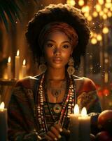 AI generated Digital art portrayal of Kwanzaa, Featuring a woman, with a focus on cultural vibrancy photo