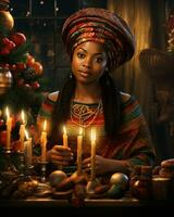 AI generated Digital art portrayal of Kwanzaa, Featuring a woman, with a focus on cultural vibrancy photo