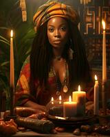 AI generated Digital art portrayal of Kwanzaa, Featuring a woman, with a focus on cultural vibrancy photo