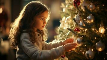 AI generated Christmas tree beautifully decorated with ornaments and a little girl actively decorating photo