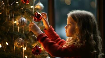 AI generated Christmas tree beautifully decorated with ornaments and a little girl actively decorating photo