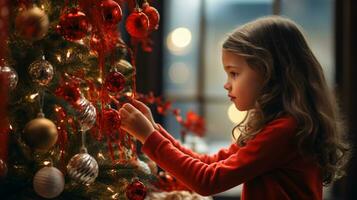 AI generated Christmas tree beautifully decorated with ornaments and a little girl actively decorating photo