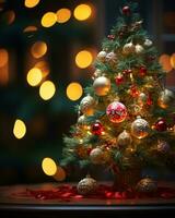 AI generated Christmas tree beautifully decorated with festive ornaments photo