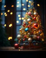 AI generated Christmas tree beautifully decorated with festive ornaments photo