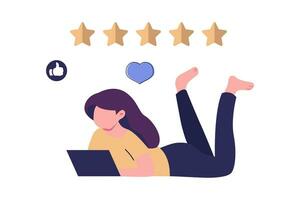 the girl is lying with laptops and giving rating flat style illustration vector design