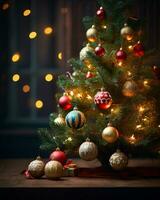 ai generado Navidad árbol hermosamente decorado con festivo adornos foto