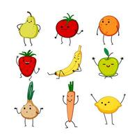 Fruta vegetal personaje conjunto dibujos animados vector ilustración