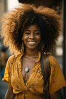 ai generado joven afro mujer abrazando felicidad y confianza. foto