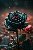 AI generated Black Rose surrounded by fog, Water Droplets and Warm Lighting. photo