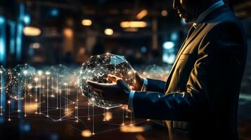 AI generated A businessman holding a tablet and looking at a virtual blockchain network with data fields floating around him photo