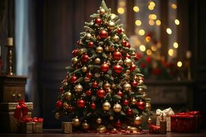 AI generated showcasing a Christmas tree lavishly decorated with festive ornaments photo