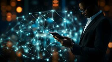AI generated A businessman holding a tablet and looking at a virtual blockchain network with data fields floating around him photo