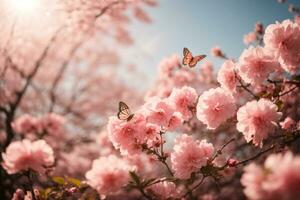 ai generado un soñador sakura jardín con agraciado mariposas foto