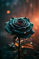 AI generated Black Rose surrounded by fog, Water Droplets and Warm Lighting. photo