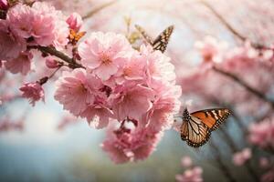 ai generado un soñador sakura jardín con agraciado mariposas foto