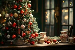 AI generated showcasing a Christmas tree lavishly decorated with festive ornaments photo