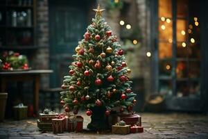 ai generado exhibiendo un Navidad árbol lujosamente decorado con festivo adornos foto
